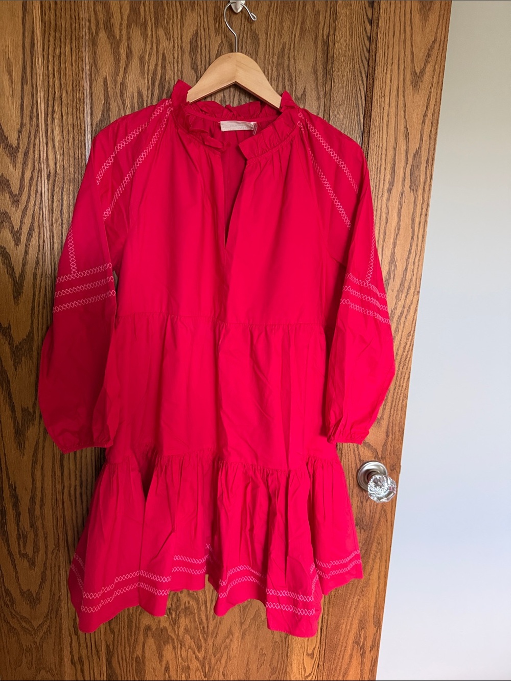 Red with Pink Embroidery Tiered Mini Dress with Ruffled Neckline